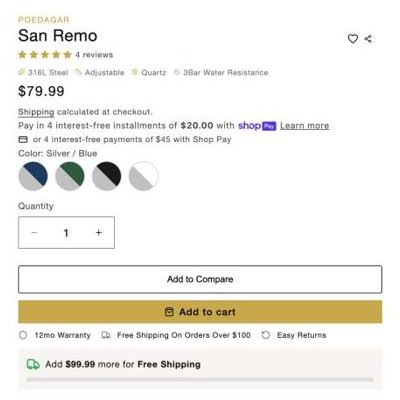 Lido San Remo product page buy box with Shop Pay installments, swatches and free-shipping bar