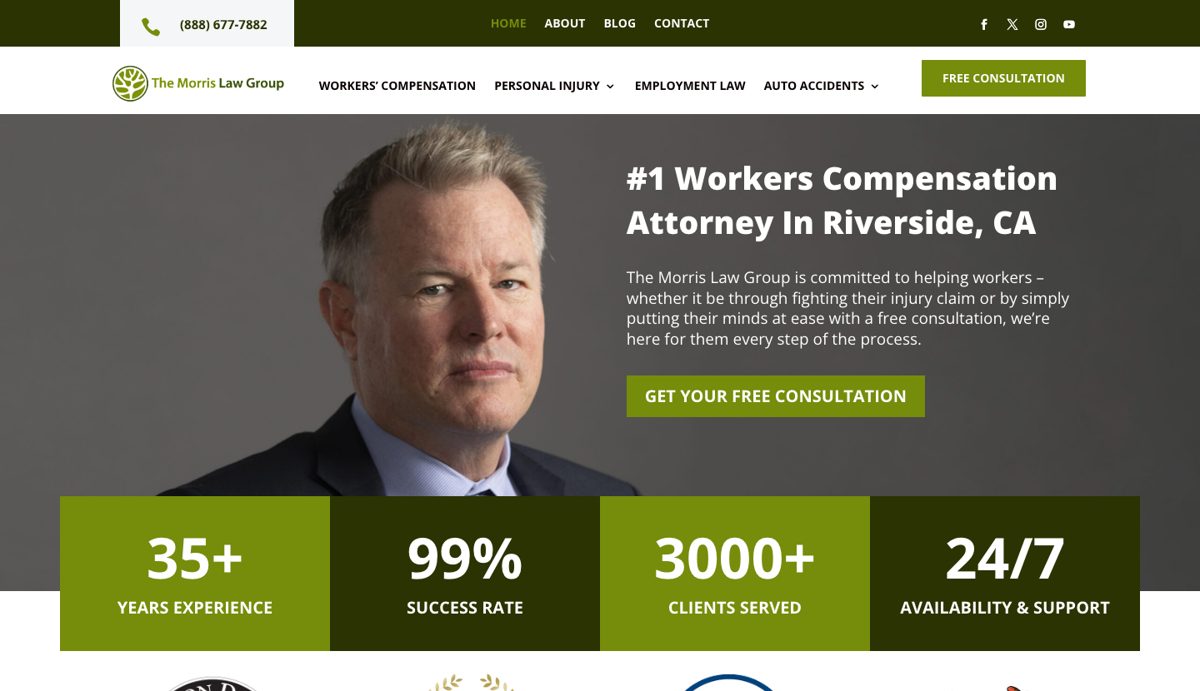 The Morris Law Group homepage hero with consultation button and trust stats